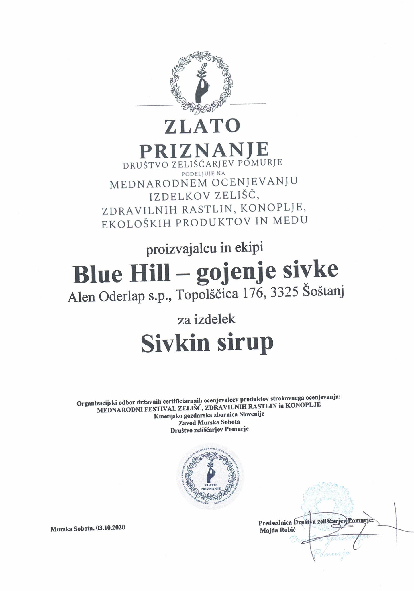 priznanje za sivkin sirup